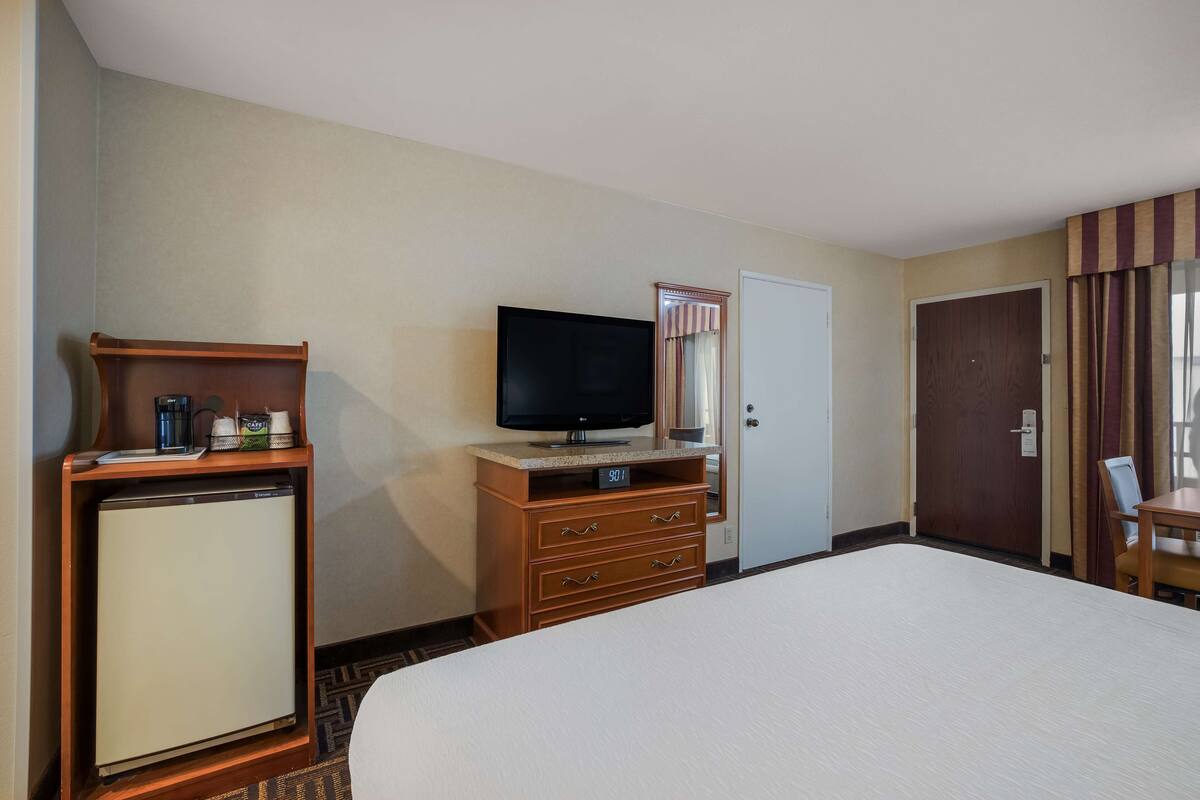 A hotel room with a bed, a television, a small refrigerator, a wooden dresser, a door, and a window with curtains.