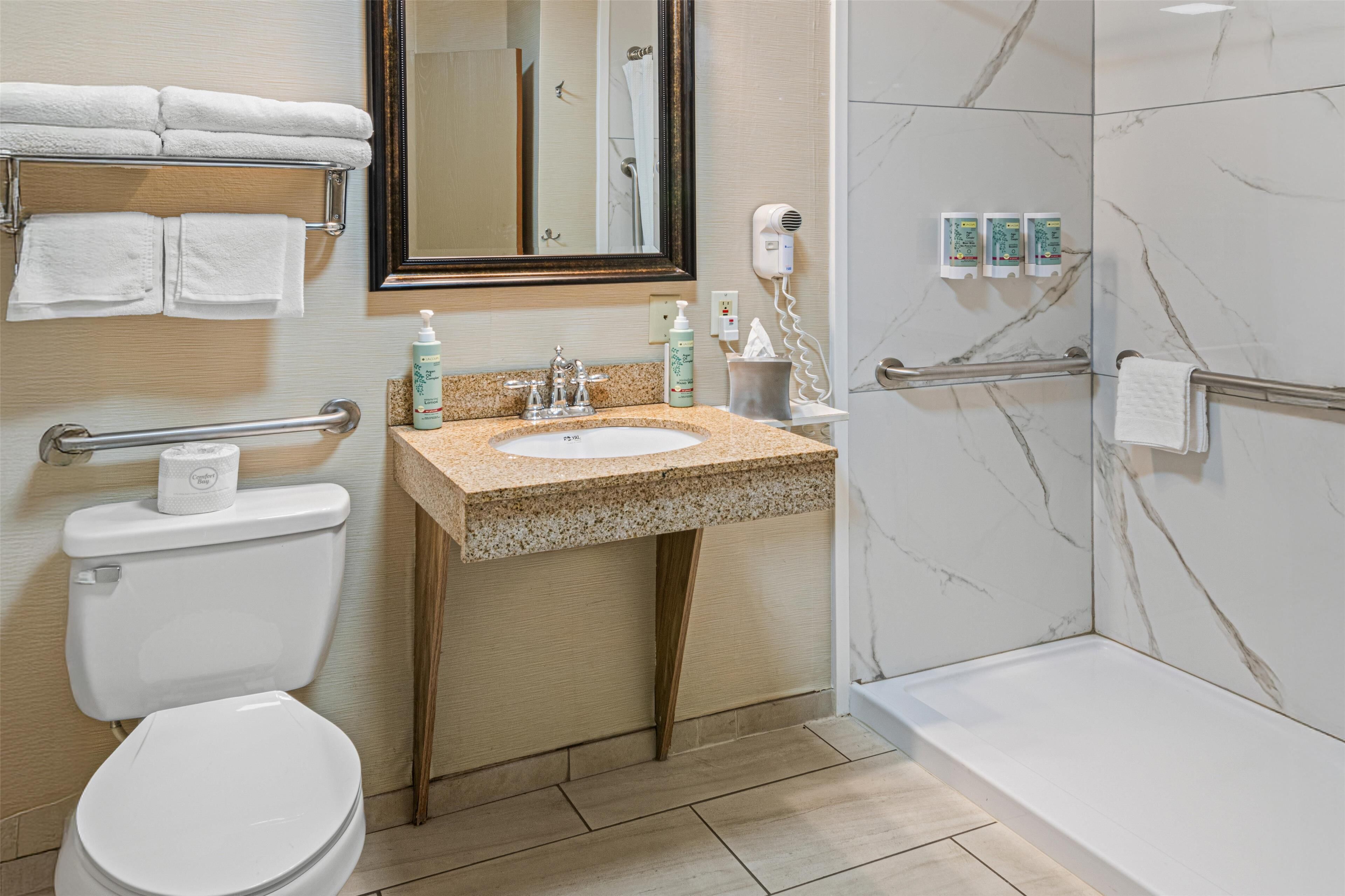 standard room, 1 queen bed, accessible, refrigerator & microwave | bathroom | combined shower/bathtub, free toiletries, hair dryer, towels