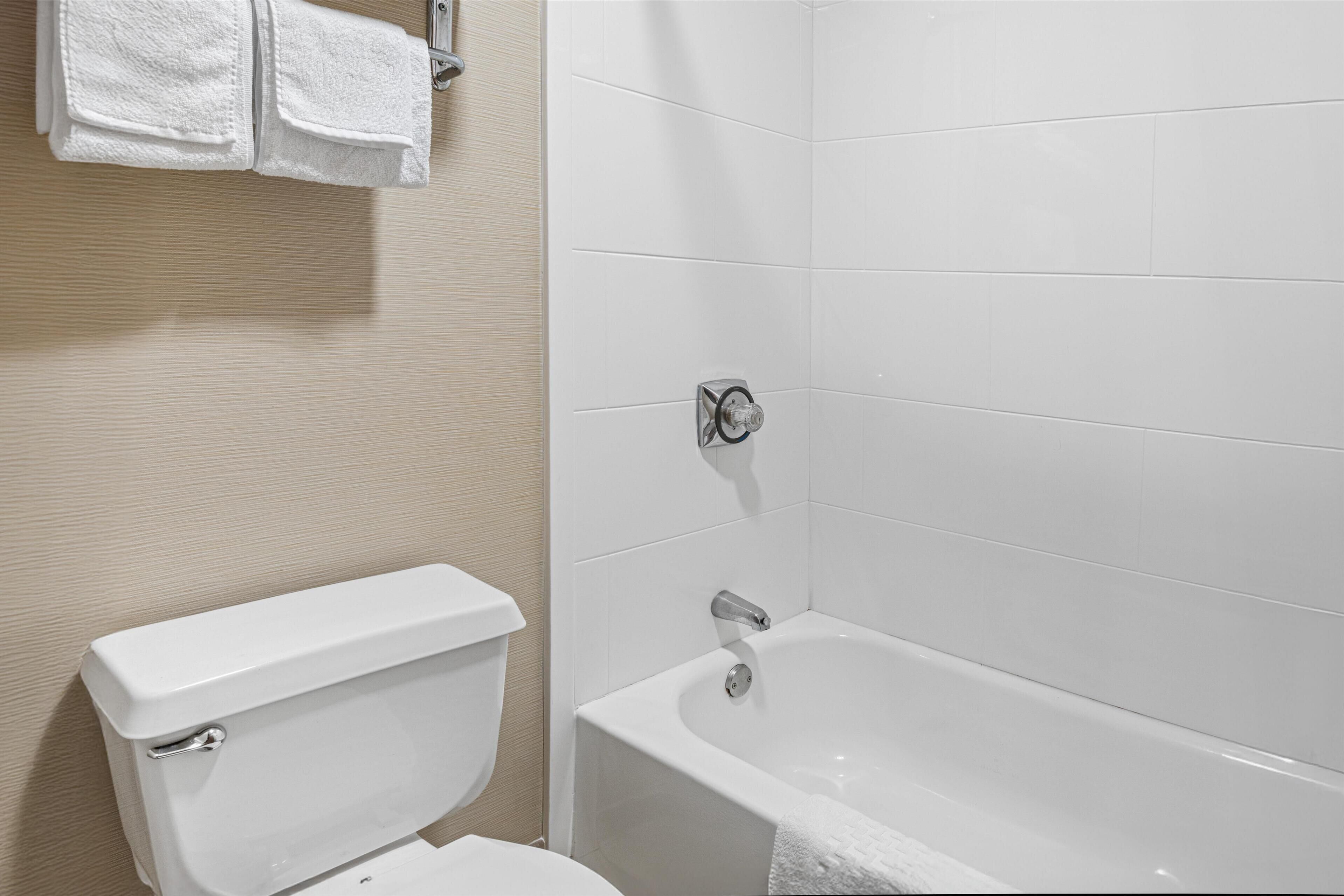 combined shower/bathtub, free toiletries, hair dryer, towels