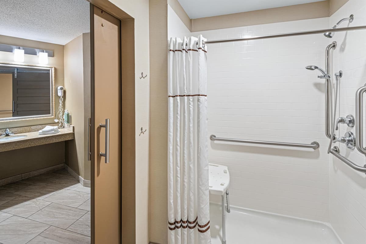 suite, 1 king bed, accessible, refrigerator & microwave (with sofabed) | bathroom | combined shower/bathtub, free toiletries, hair dryer, towels