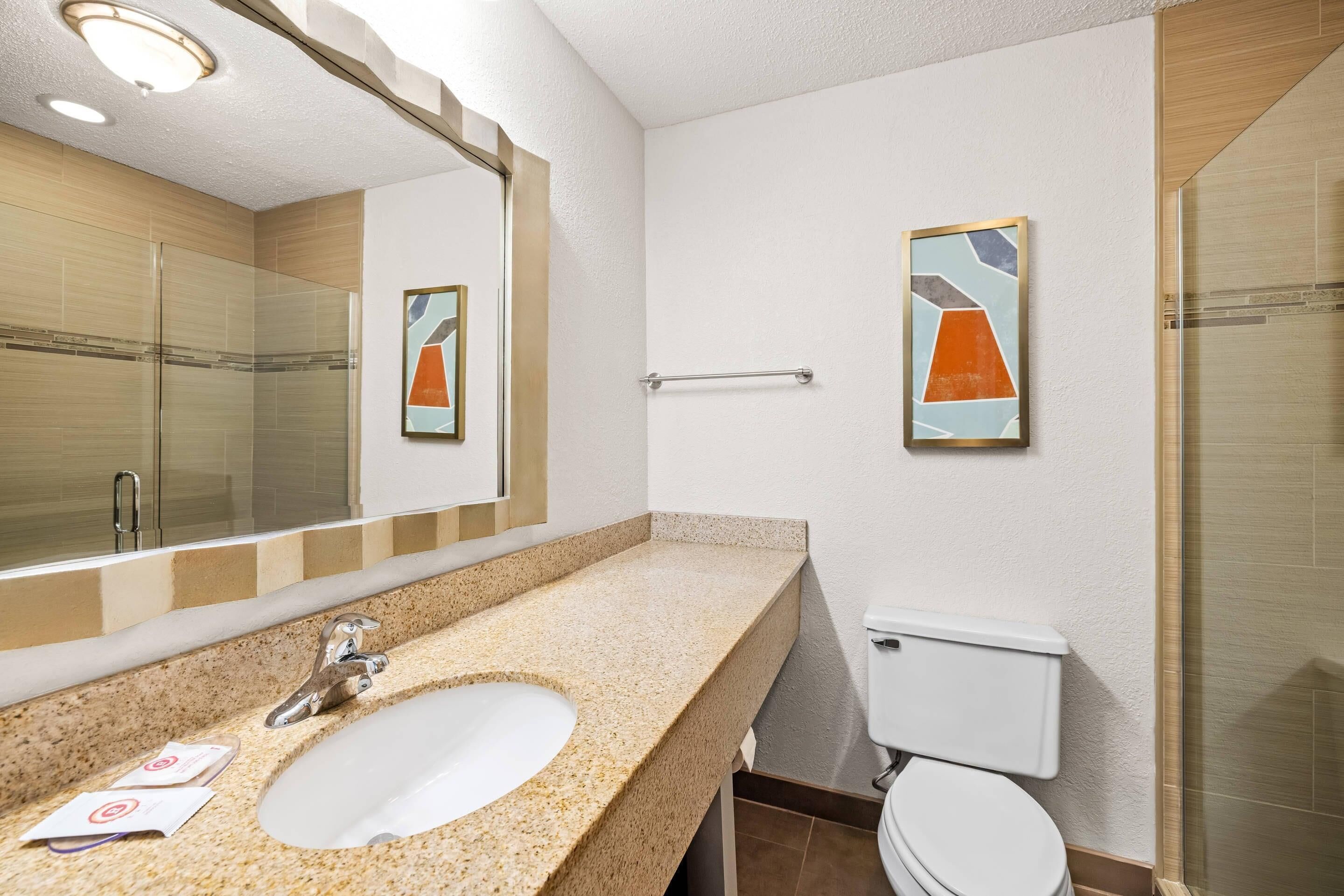 A bathroom with a granite countertop sink, a mirror, a toilet, and two abstract wall art pieces.