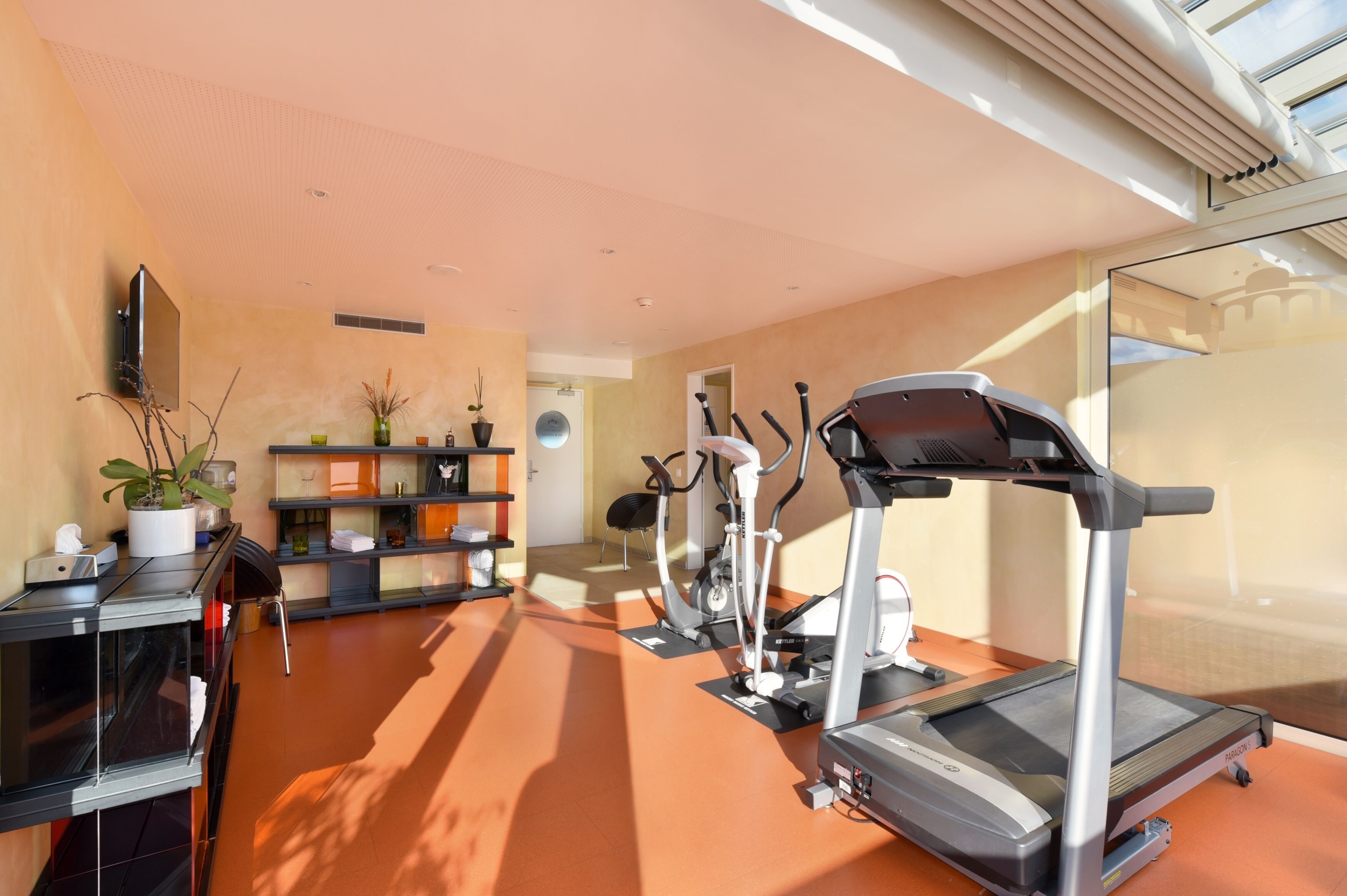 Una palestra con tapis roulant, cyclette e una televisione a parete.