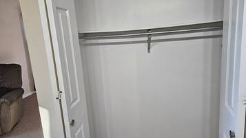 A closed closet with a metal rod, a door with a silver handle, and a carpeted floor.