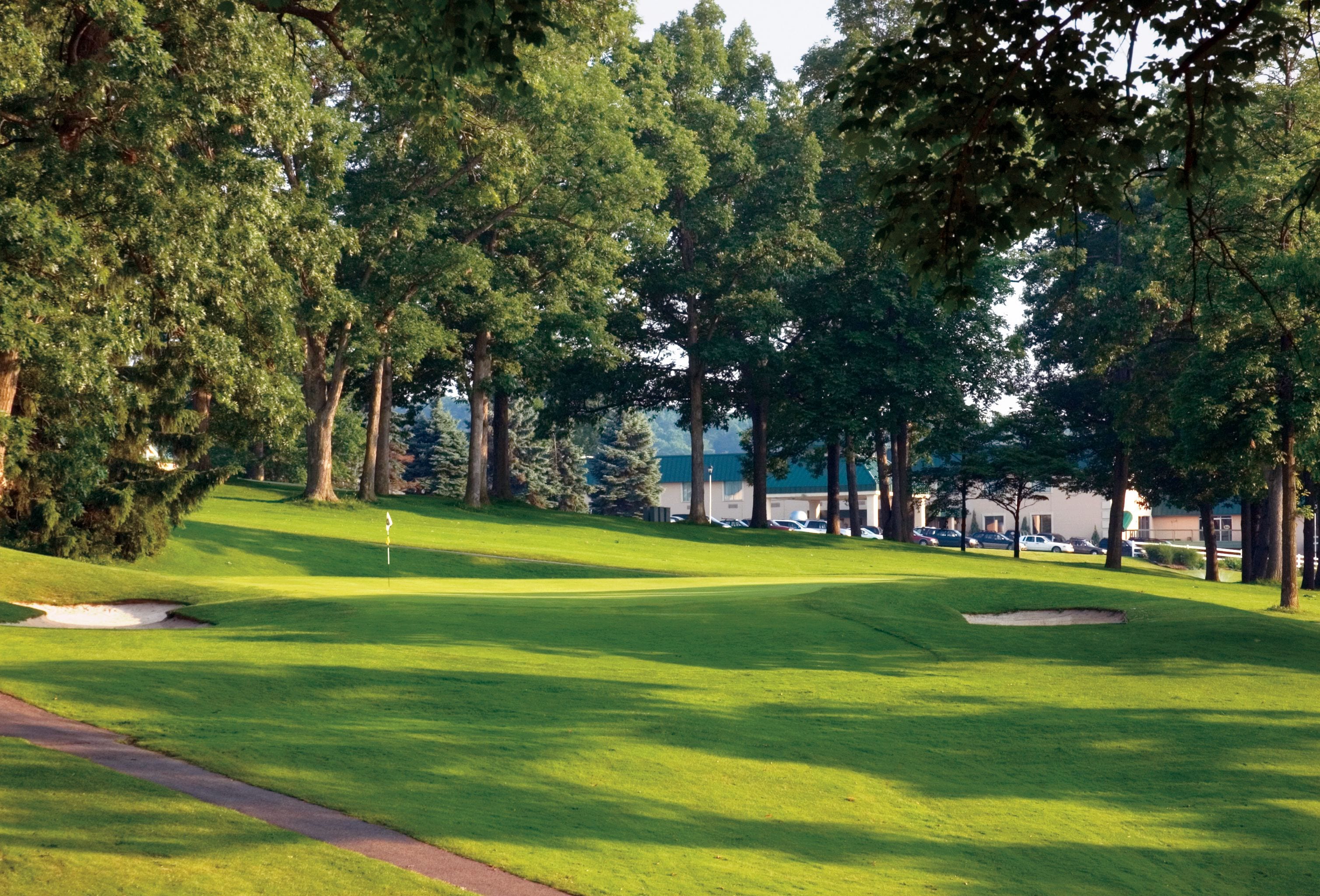 A golf course with a clear path, sand bunkers, and tall trees.