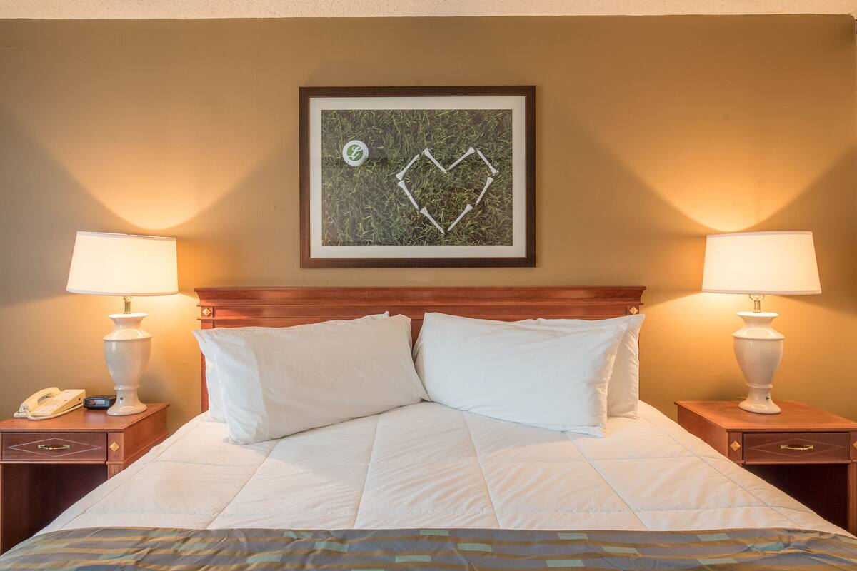 A hotel room with a large bed, two bedside tables with lamps, a framed picture on the wall, and a telephone on the left table.
