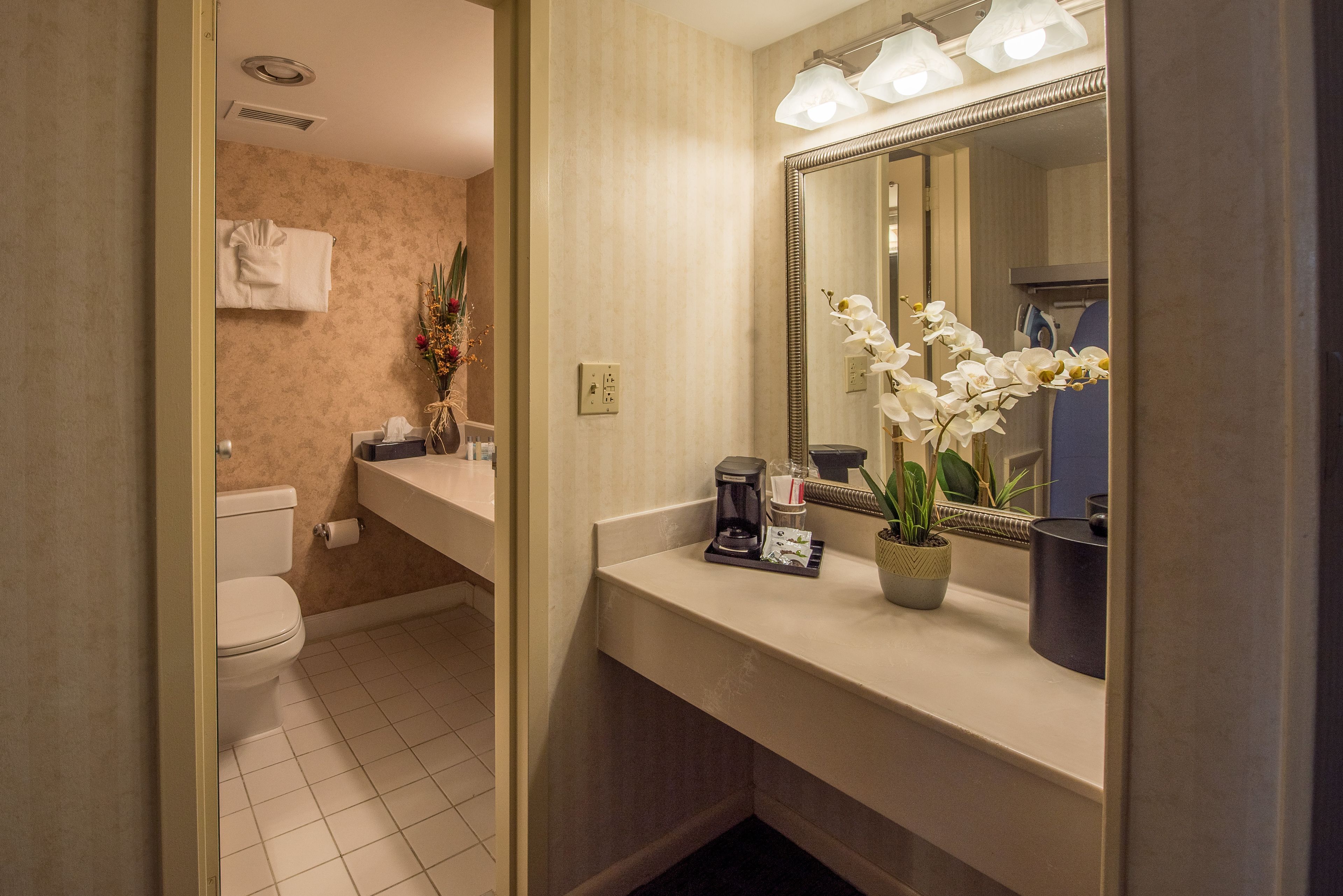 Une salle de bain équipée de toilettes, d’un lavabo, d’un miroir et d’une orchidée en pot.