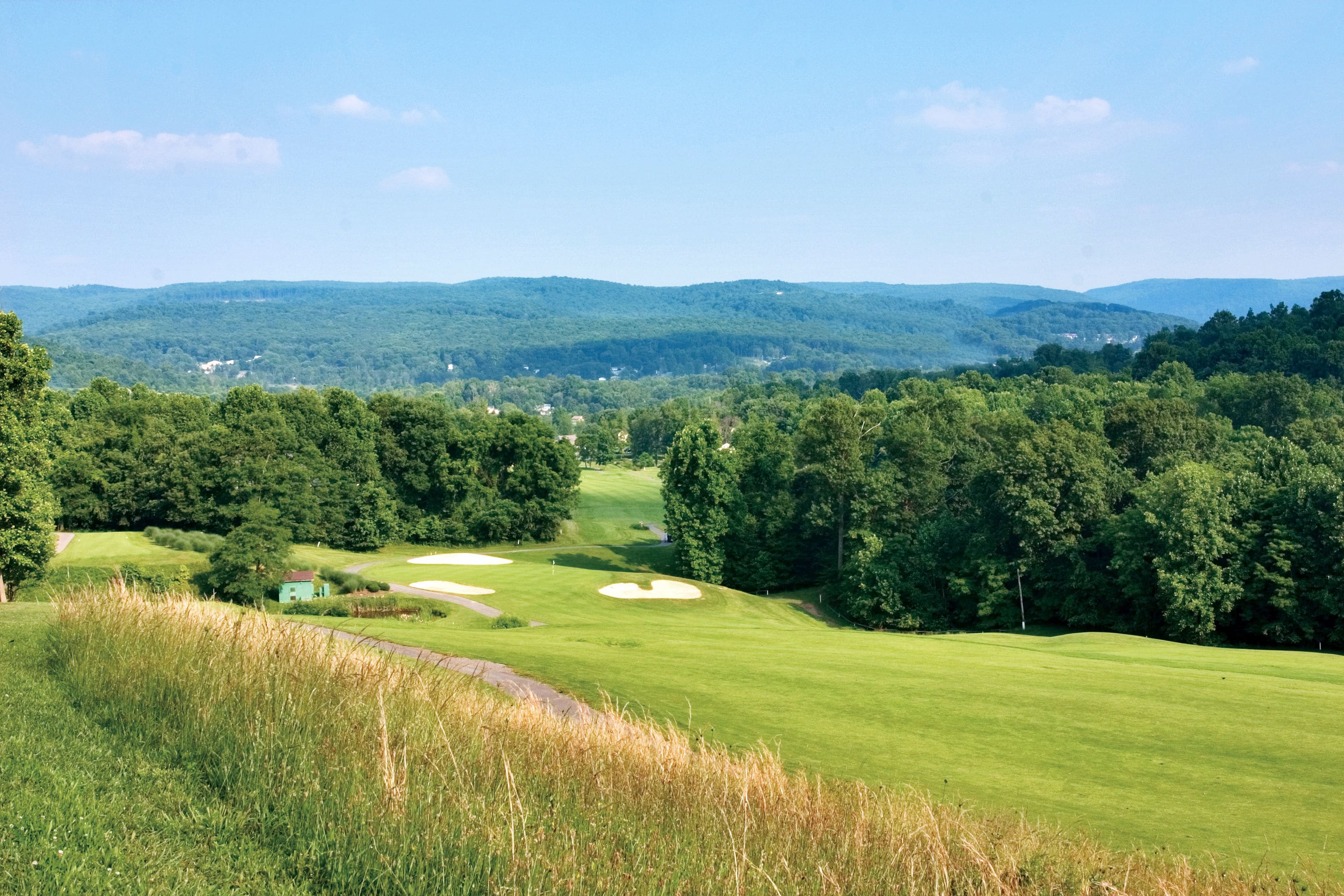 A golf course with rolling hills and dense forests in the background.