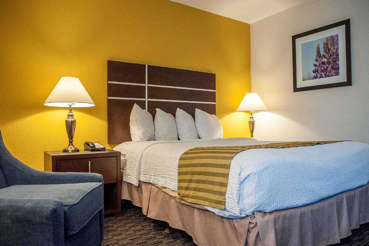 A hotel room with a bed, two bedside lamps, a chair, a nightstand with a phone, and a framed picture on the wall.