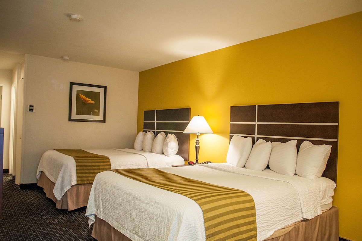 A hotel room with two beds, a nightstand, a lamp, and a framed picture on the wall.