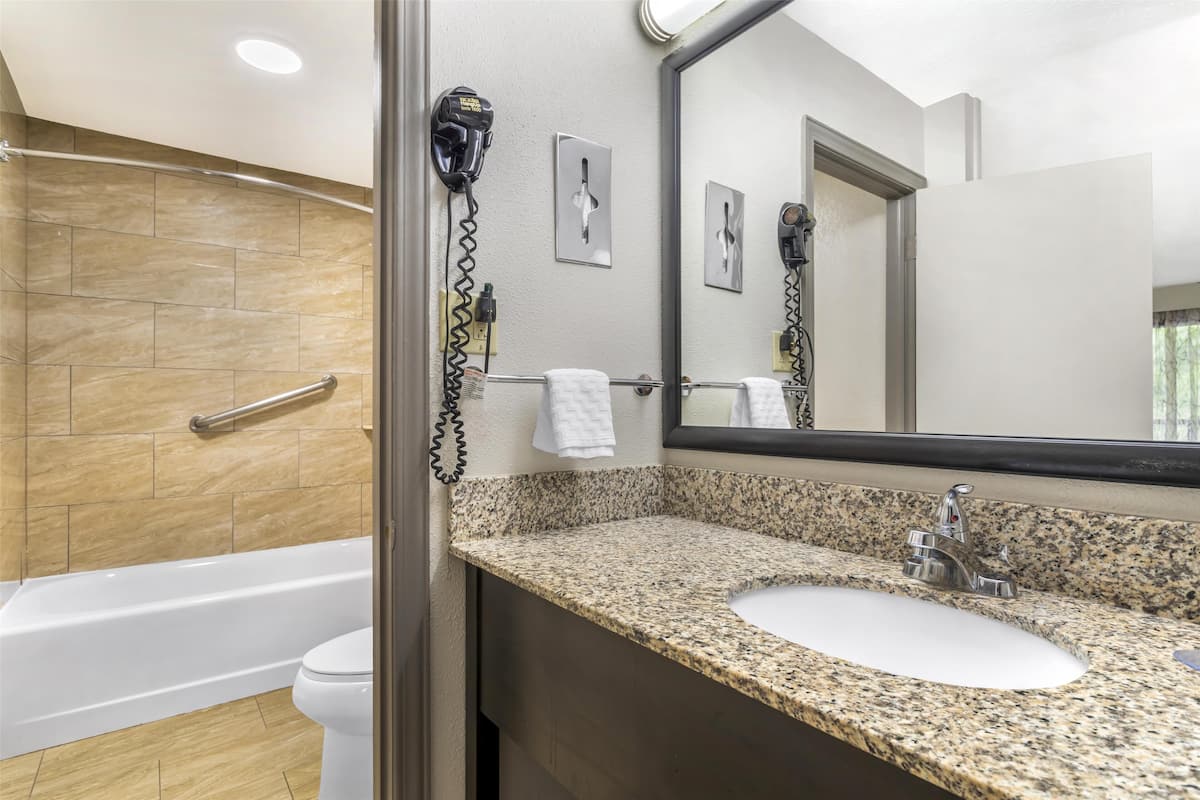 standard room, 1 king bed, non smoking, refrigerator & microwave (with sofabed) | bathroom | combined shower/bathtub, eco-friendly toiletries, hair dryer, towels