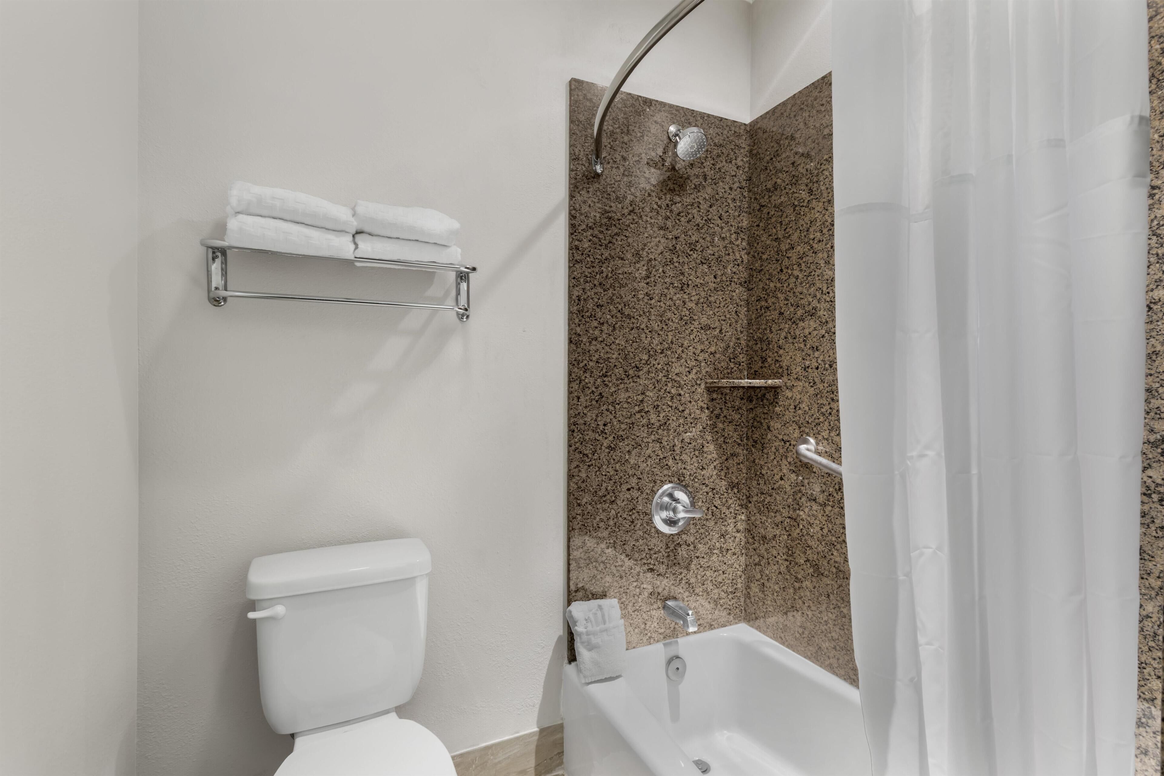 Une salle de bain moderne équipée de toilettes, d’une douche avec une porte en verre et d’un porte-serviettes.