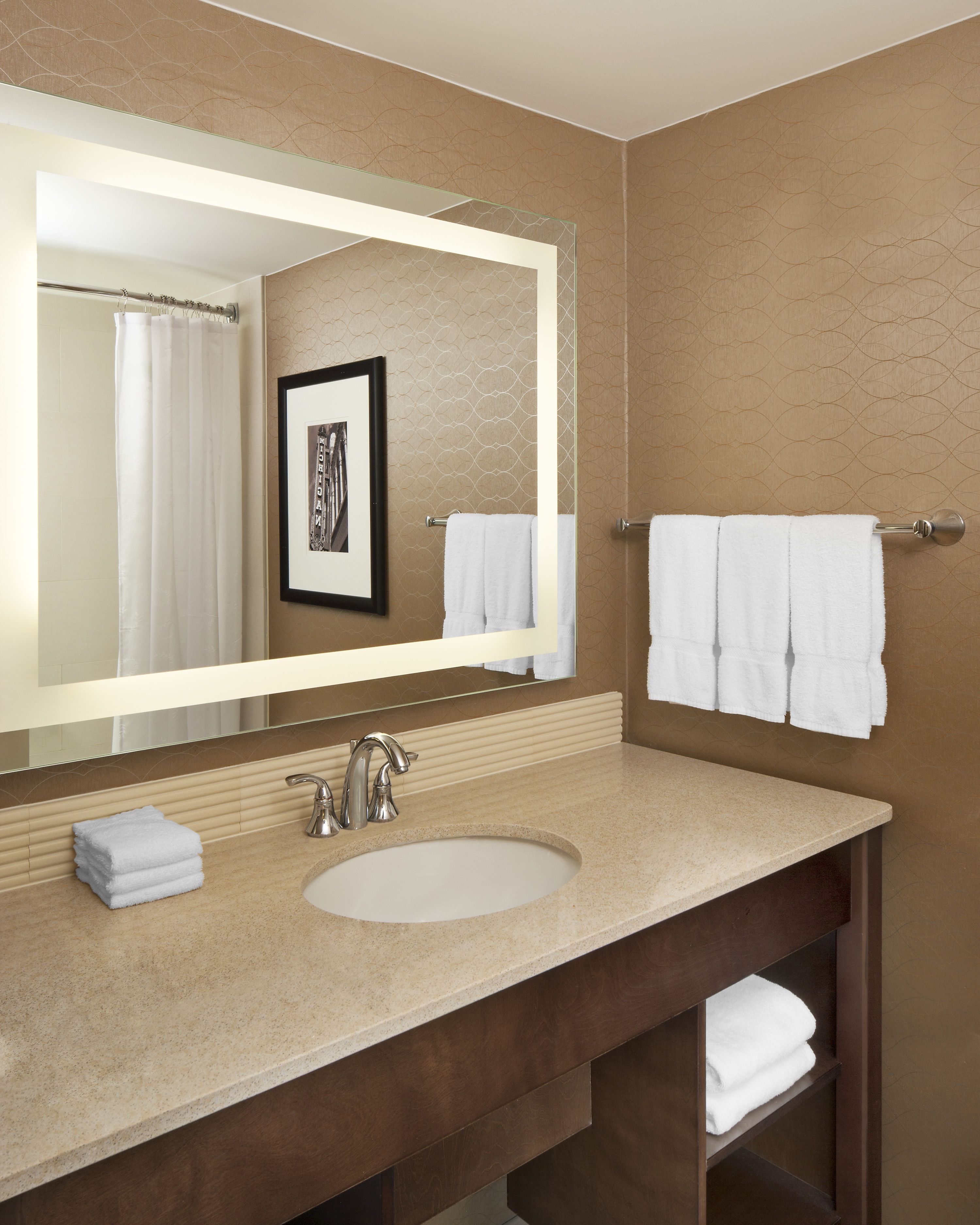 A bathroom with a large mirror, a sink, and a towel rack.