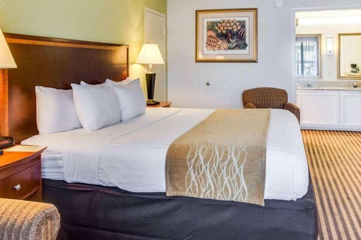 A hotel room with a large bed, a bedside table with a lamp, a chair, a framed picture on the wall, and a kitchenette area.