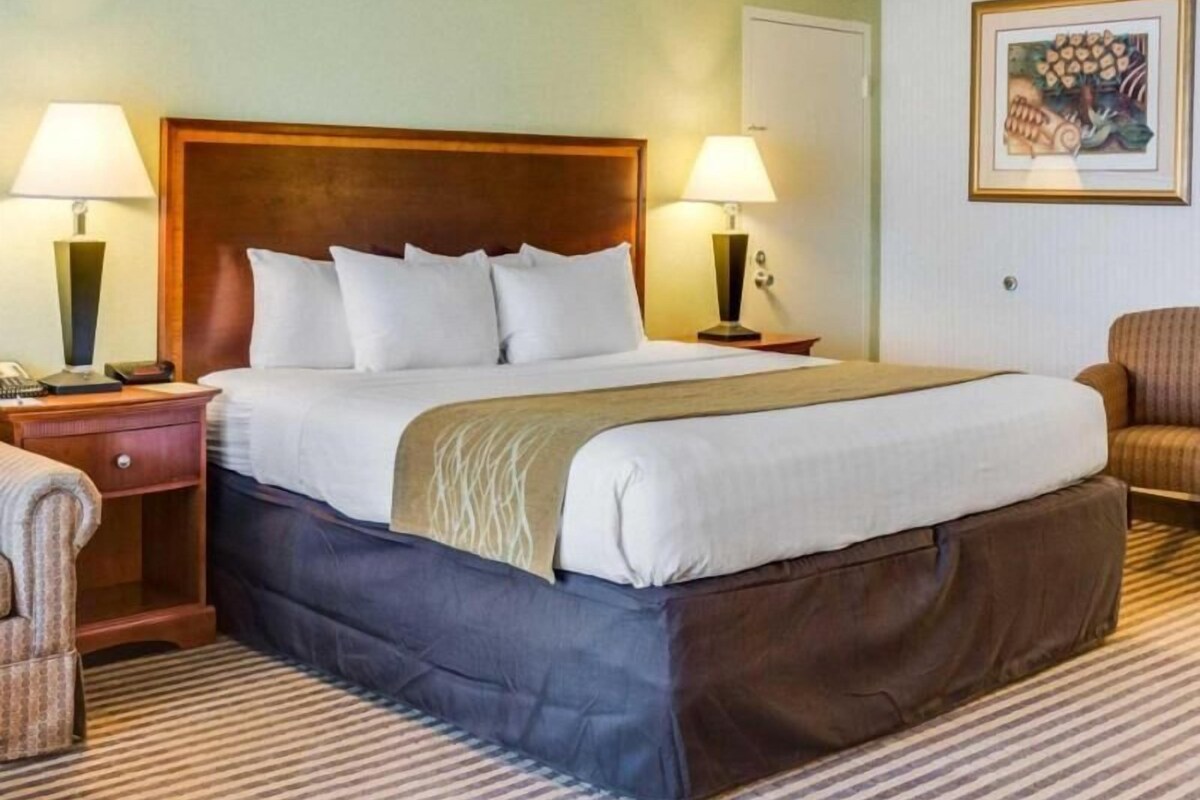 A hotel room with a large bed, two bedside tables, a chair, and a framed picture on the wall.