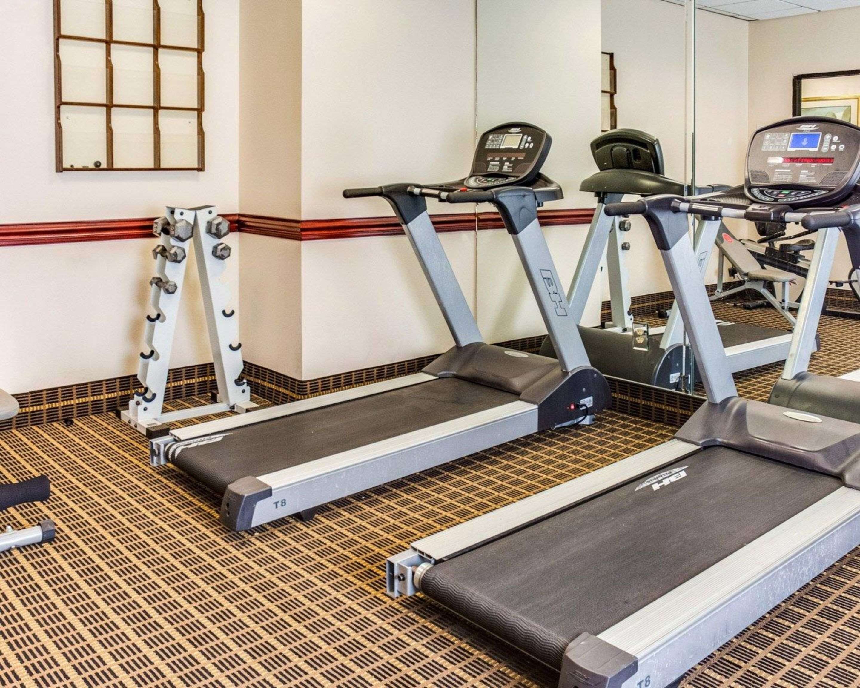 Un gimnasio con cintas de correr y máquinas de pesas, suelo alfombrado y un espejo en la pared.