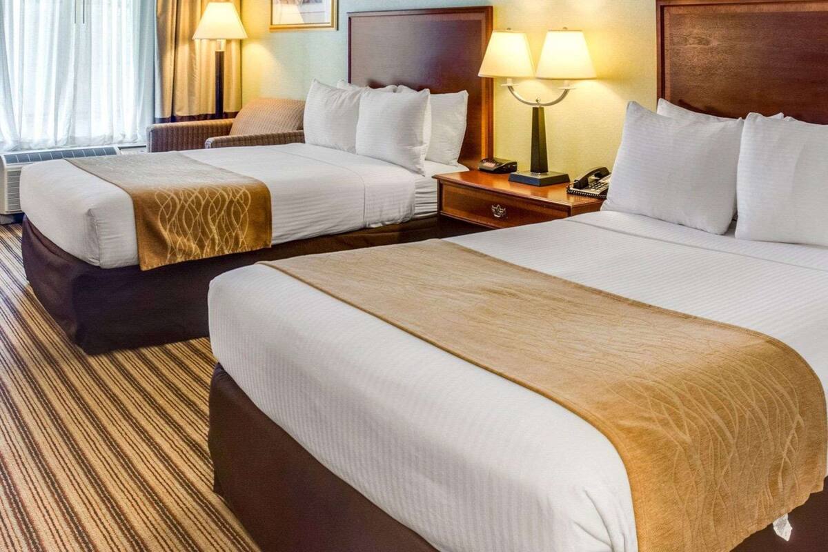 A hotel room with two beds, each with a wooden headboard, white bedding, and a brown throw blanket. There are bedside lamps, a framed picture on the wall, and a window with curtains.