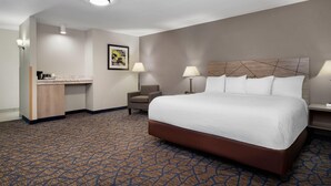 Habitación de hotel con una cama grande, un escritorio con silla, una mesita de noche con lámpara y un cuadro en la pared.