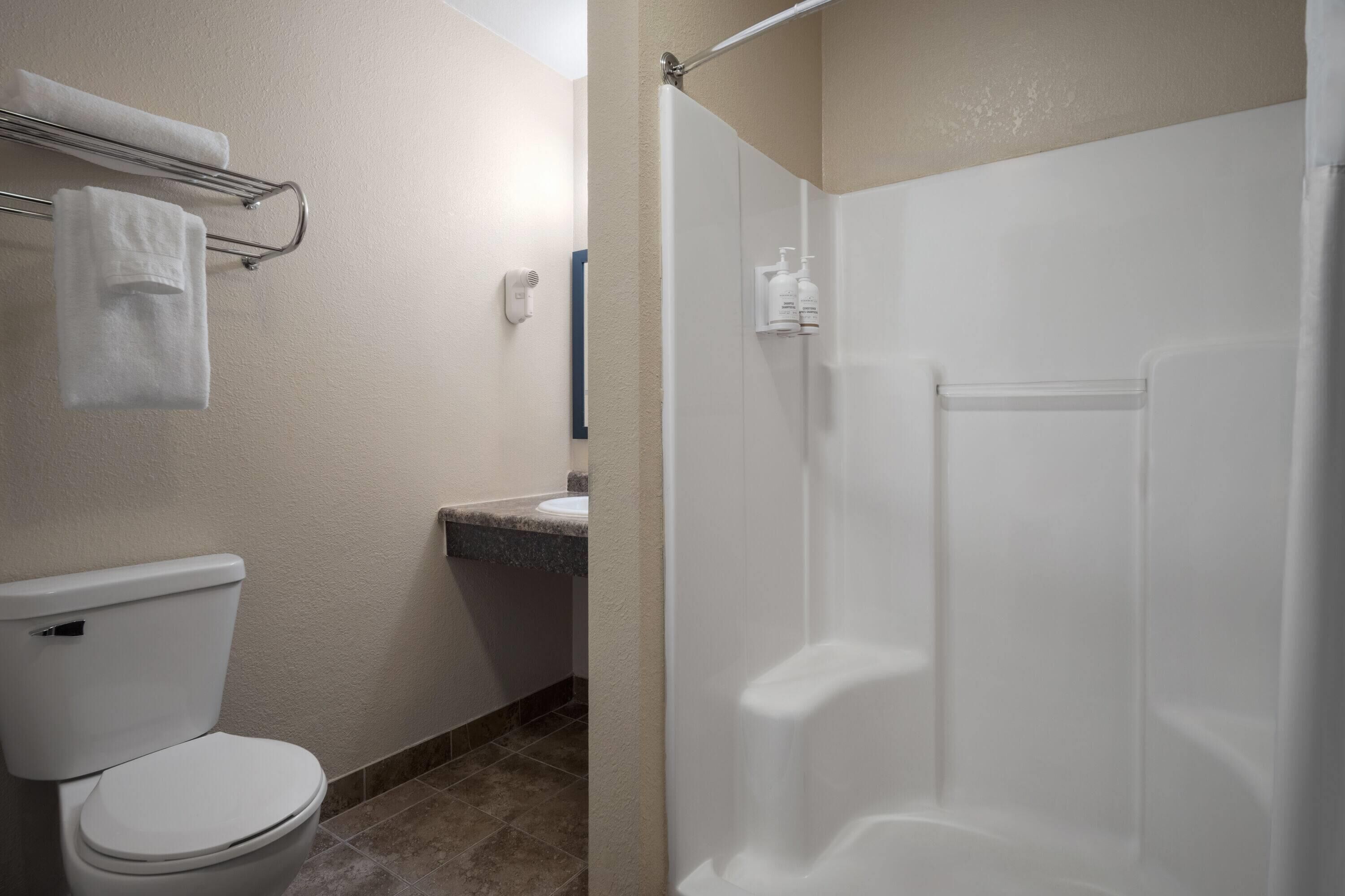 Een badkamer met toilet, wastafel, handdoekrek en douche.