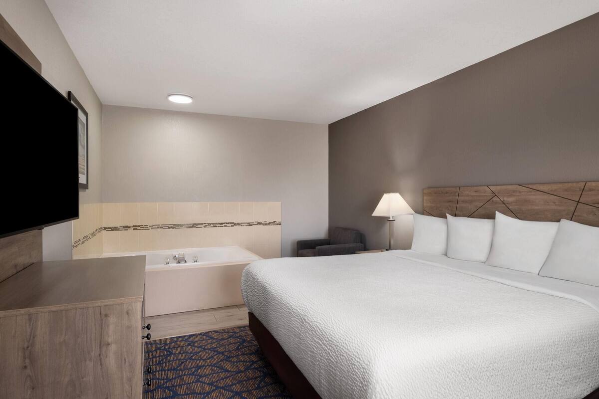 A hotel room with a bed, a bathtub, a television, and a lamp.