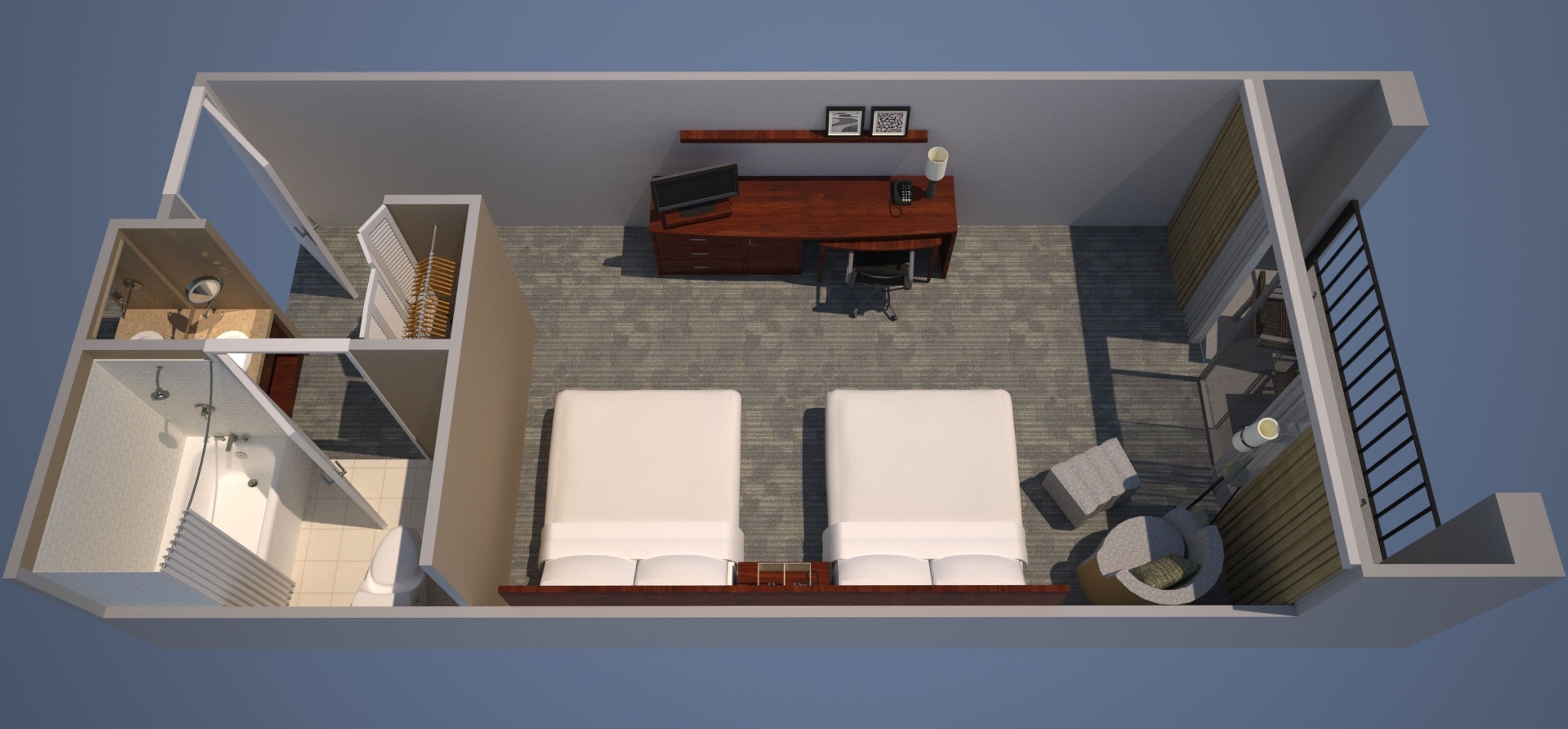 1 bedroom, hypo-allergenic bedding, desk, blackout curtains