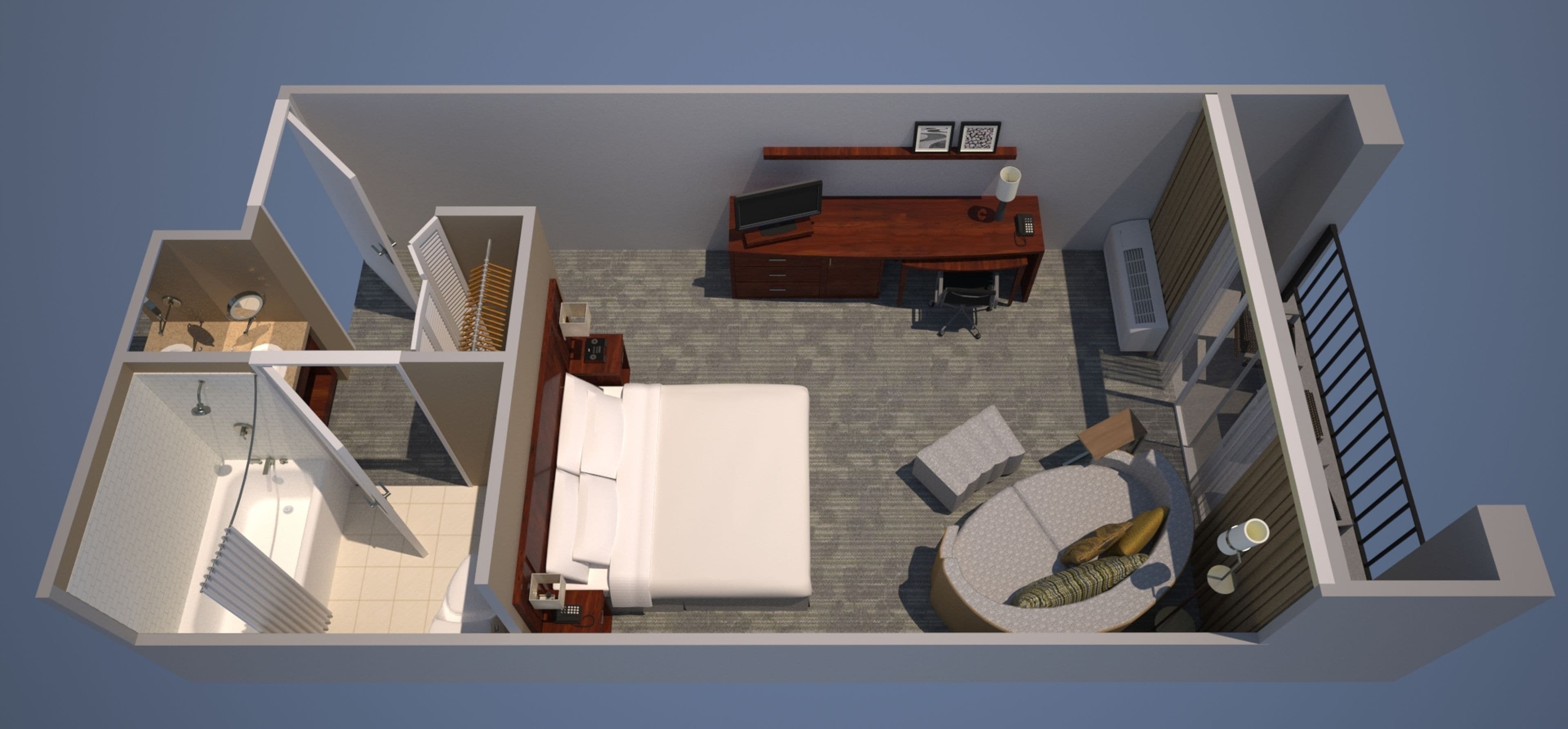 1 bedroom, hypo-allergenic bedding, desk, blackout curtains