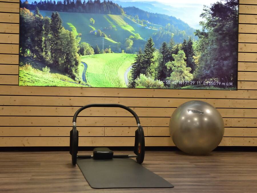 Ein Fitnessraum mit einem Ergometer, einem Übungsball und einer Yogamatte.