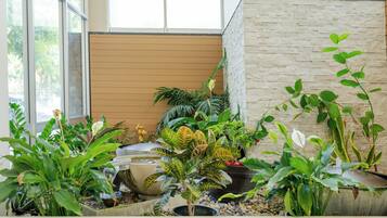 Um jardim interno bem cuidado, com diversos vasos de plantas e um pequeno elemento aquático.