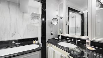 Designer toiletries, hair dryer, bathrobes, slippers