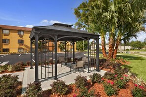 A covered outdoor seating area with chairs and a palm tree. - Days Inn by Wyndham Orange Park/Jacksonville (Orange Park)