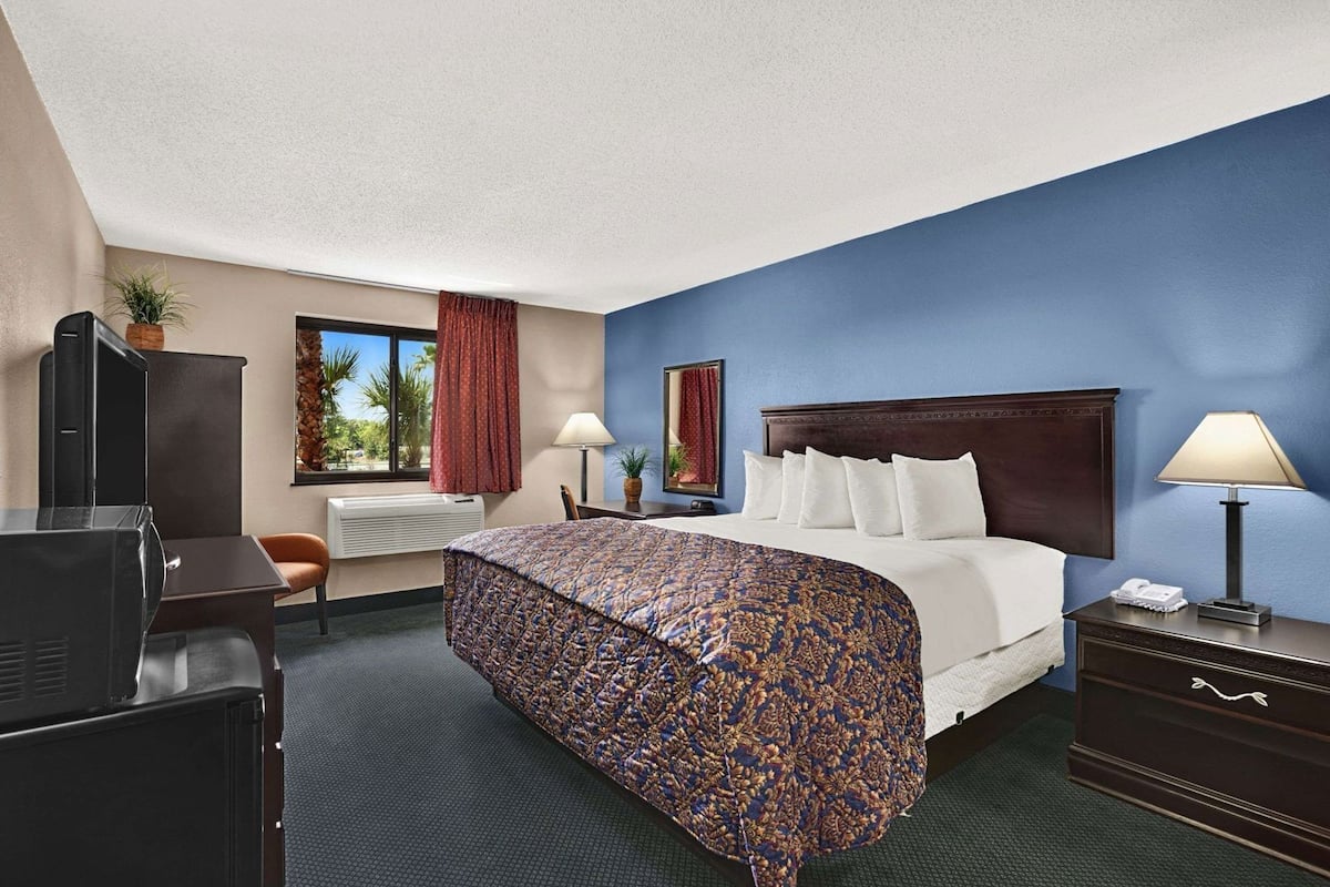 Habitación de hotel con cama, escritorio, televisión, ventana con cortinas y mesita de noche con lámpara.