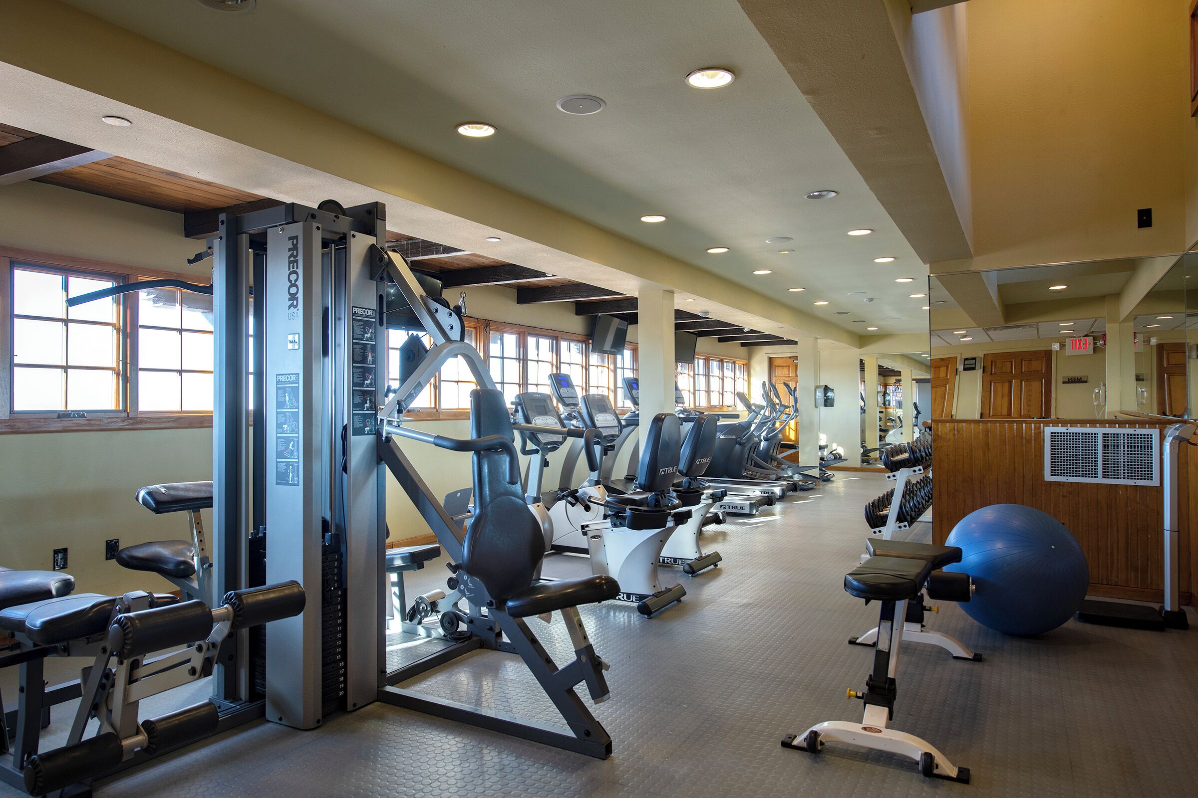 A gym with various exercise machines, a large exercise ball, and a mirrored wall.