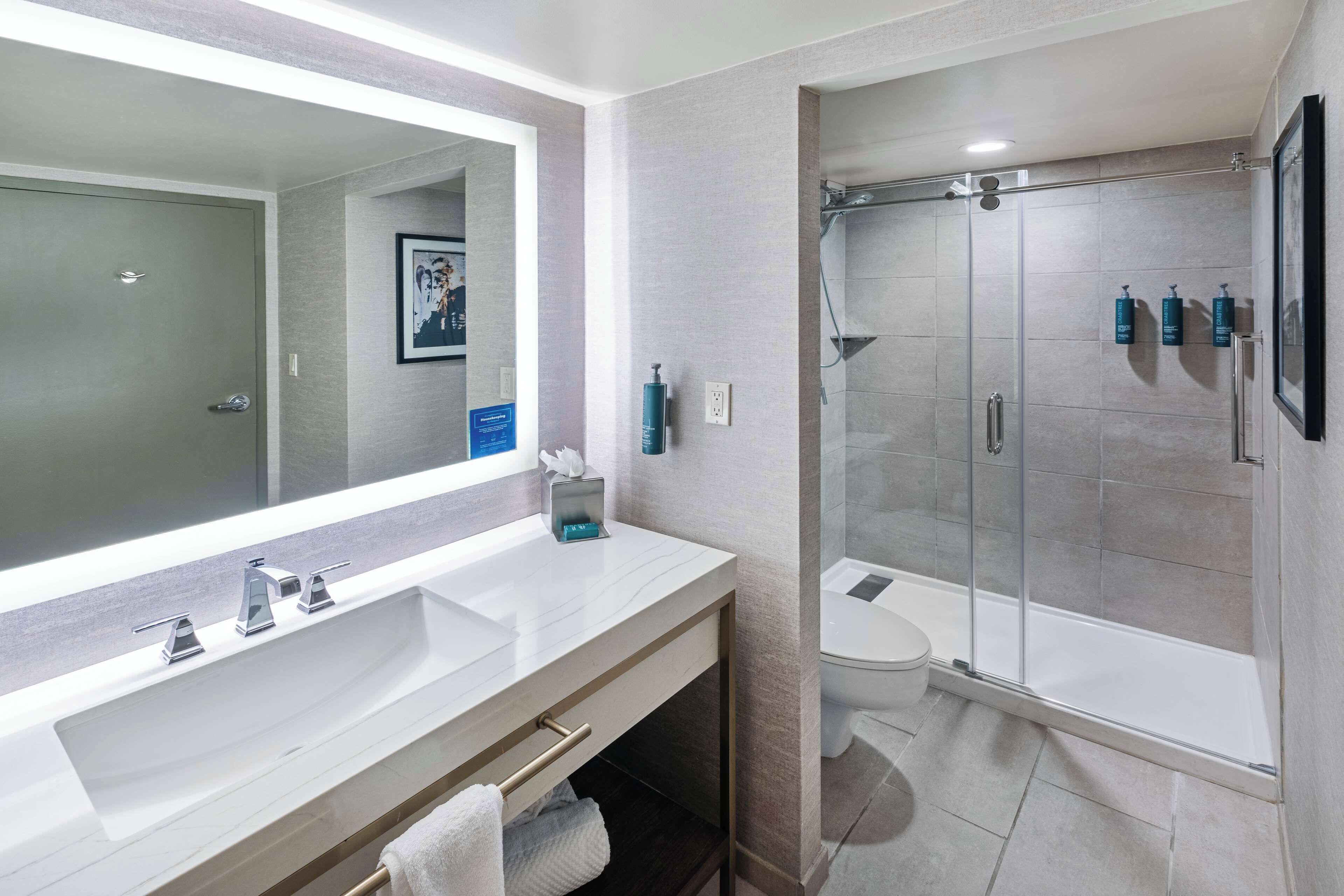 A modern bathroom with a large mirror, two sinks, a toilet, and a glass-enclosed shower.
