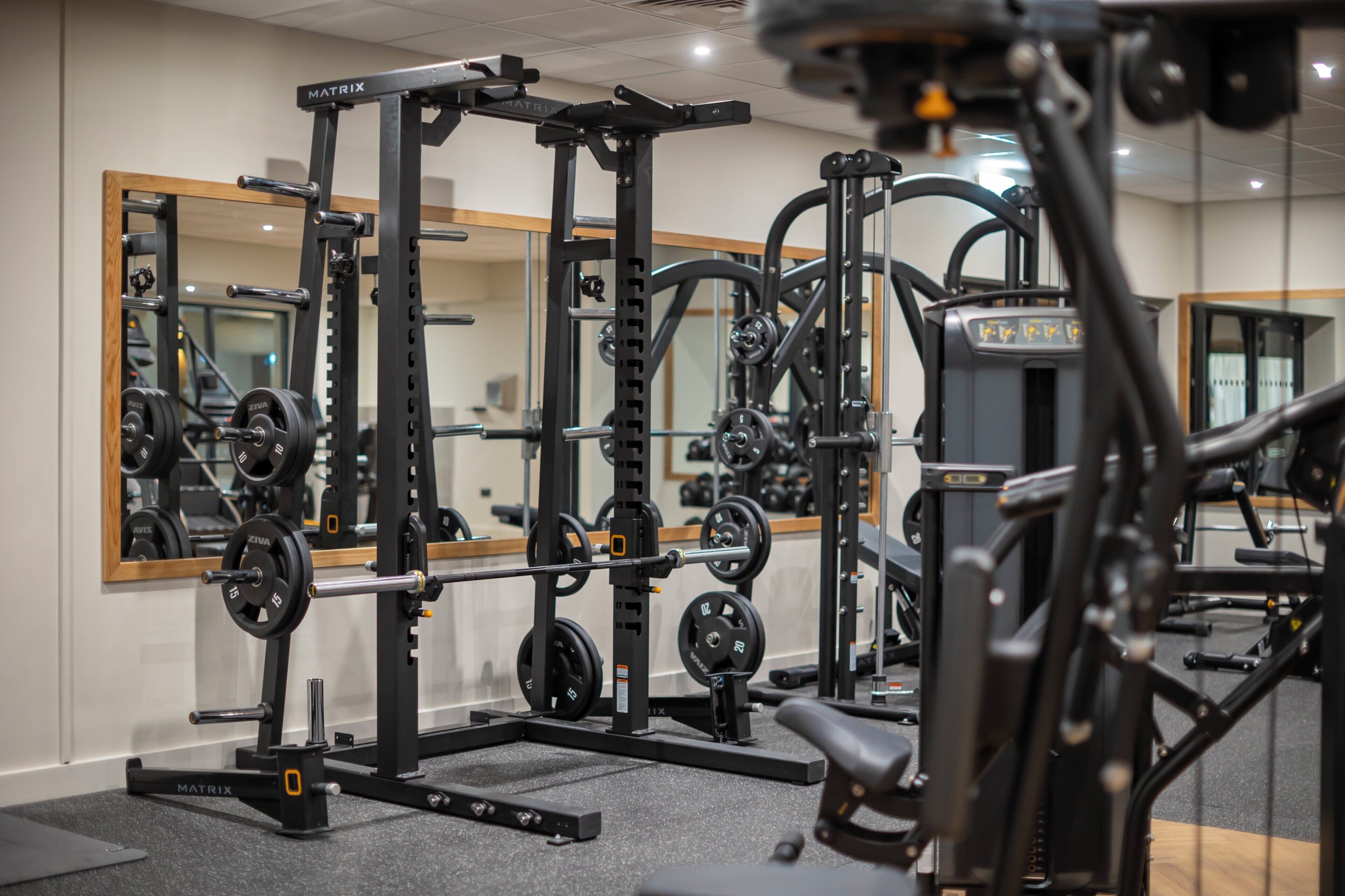 A gym with various weightlifting equipment, including a squat rack and dumbbells.