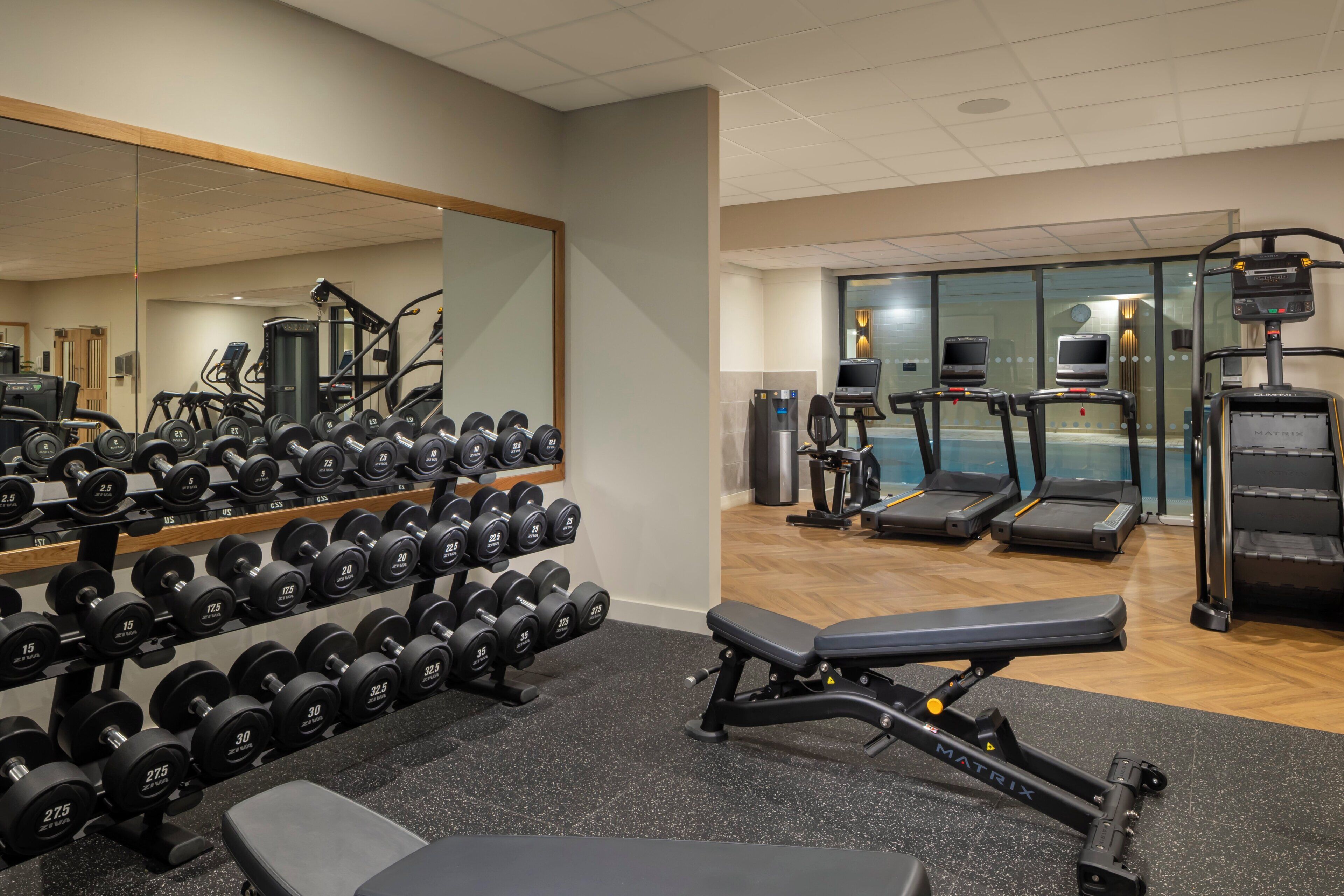 A gym with exercise equipment, including dumbbells, treadmills, and weight machines.