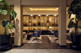 Um lobby moderno com área de estar, parede de obras emolduradas e grandes vasos de plantas.