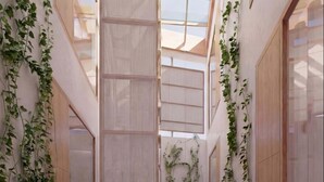 A corridor with wooden panel walls, a skylight, and green vines. - Baxter Hotel (Visp)