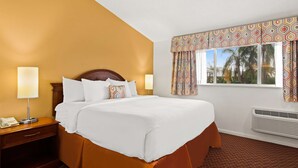 Habitación de hotel con una cama grande, una mesita de noche con lámpara, una ventana con cortinas estampadas y vistas a palmeras.