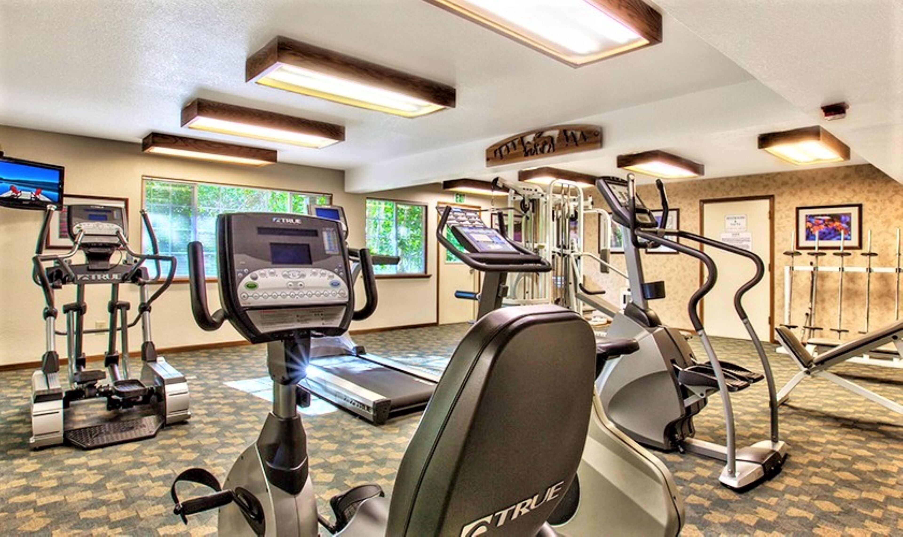Un gimnasio con cintas de correr, elípticas y máquinas de pesas.