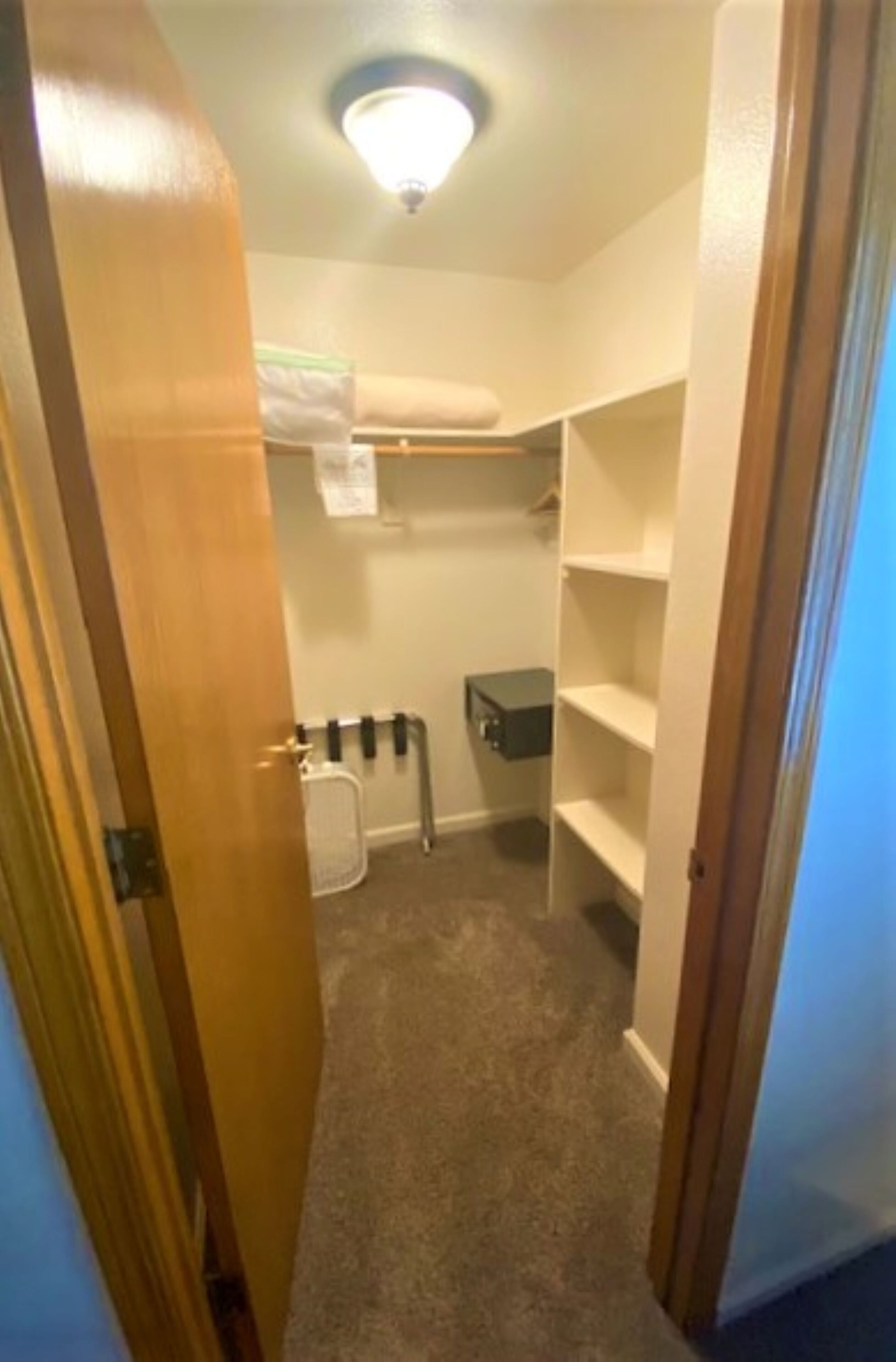 A small, carpeted closet with a hanging rack, shelves, and a small storage box.