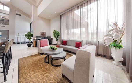 A modern living room with a sofa, armchairs, a coffee table, and a dining area with chairs. There are potted plants and a large window with curtains.