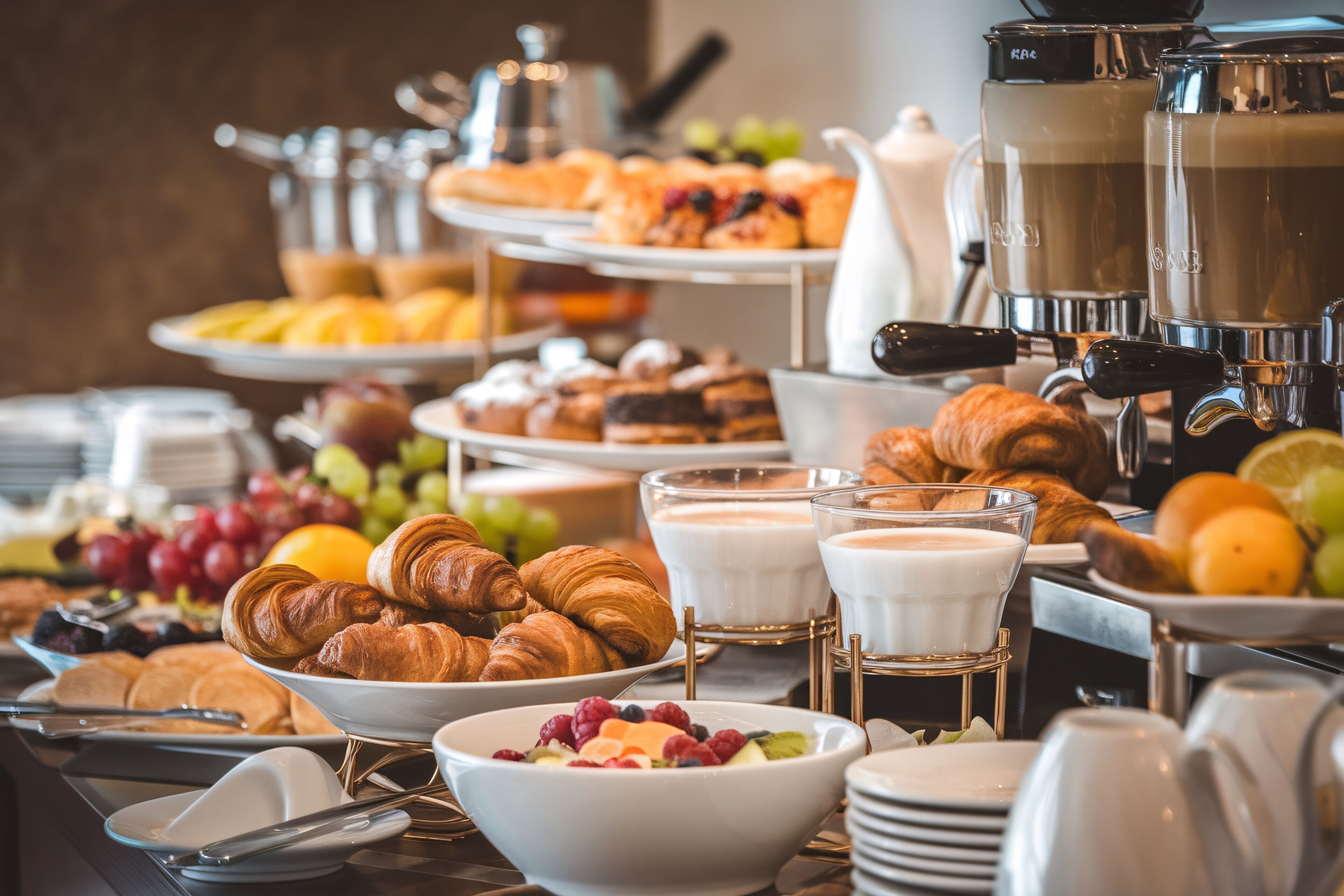Un bufé con diversas opciones de comida, incluyendo pasteles, frutas y bebidas.