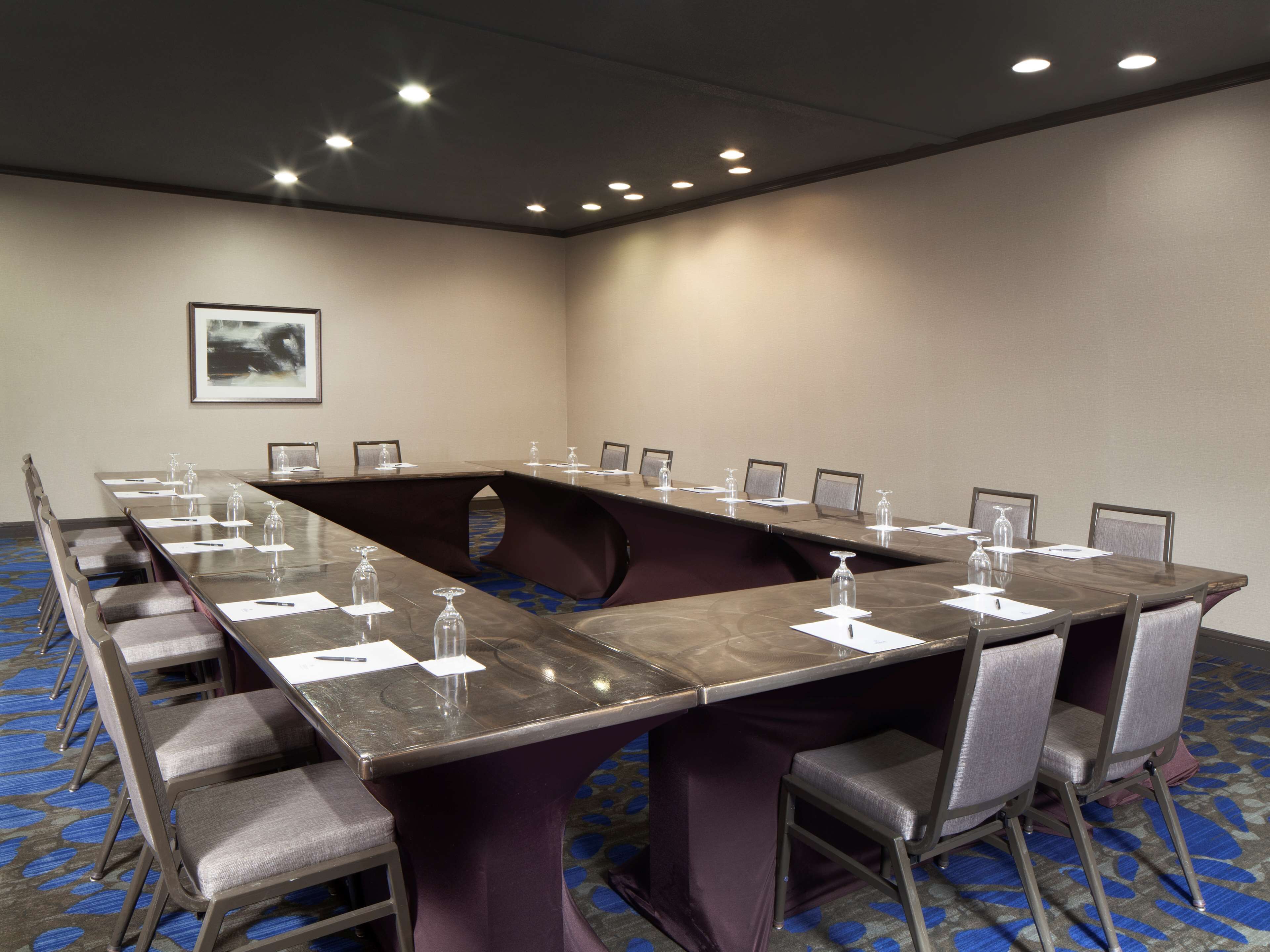 Une salle de conférence avec une longue table, des chaises et un sol recouvert de moquette.