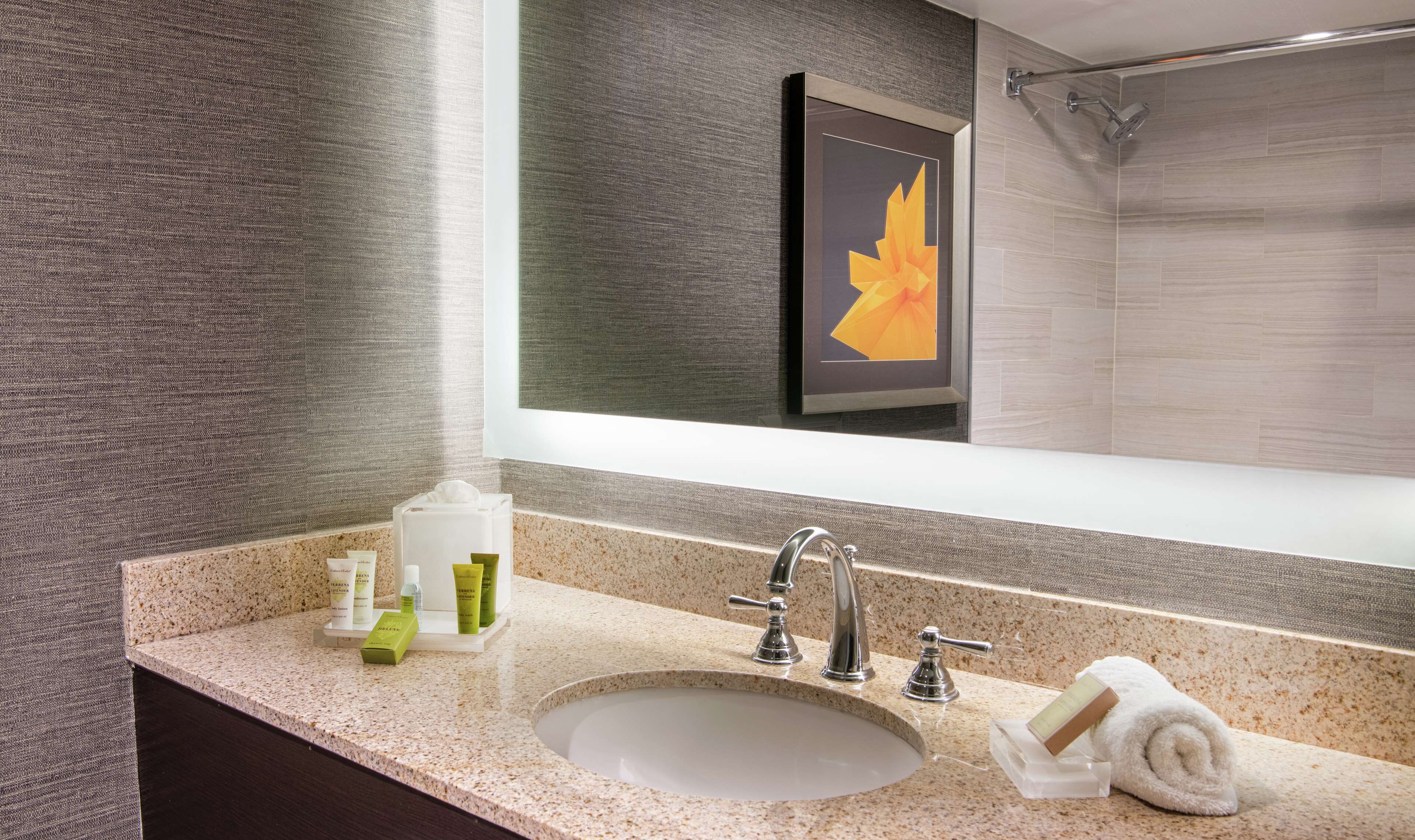 Un baño con encimera de granito, un lavabo, un espejo y una obra de arte enmarcada sobre el espejo.