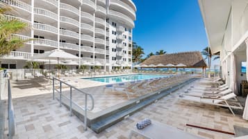 2 outdoor pools, open 8:00 AM to 5:00 PM, pool umbrellas, pool loungers