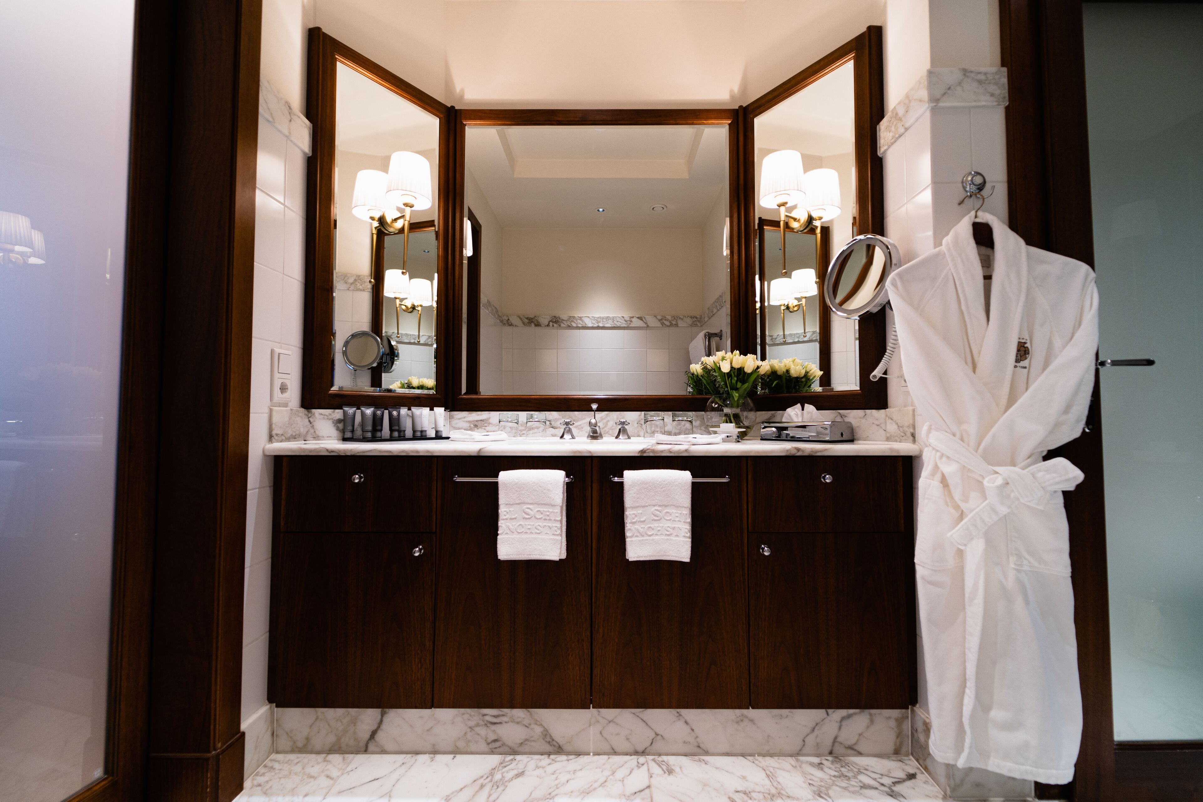 separate bathtub and shower, free toiletries, hair dryer, bathrobes