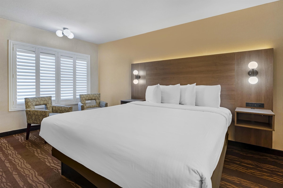 Una habitación de hotel con una cama grande, dos mesitas de noche, una silla y una ventana con persianas.