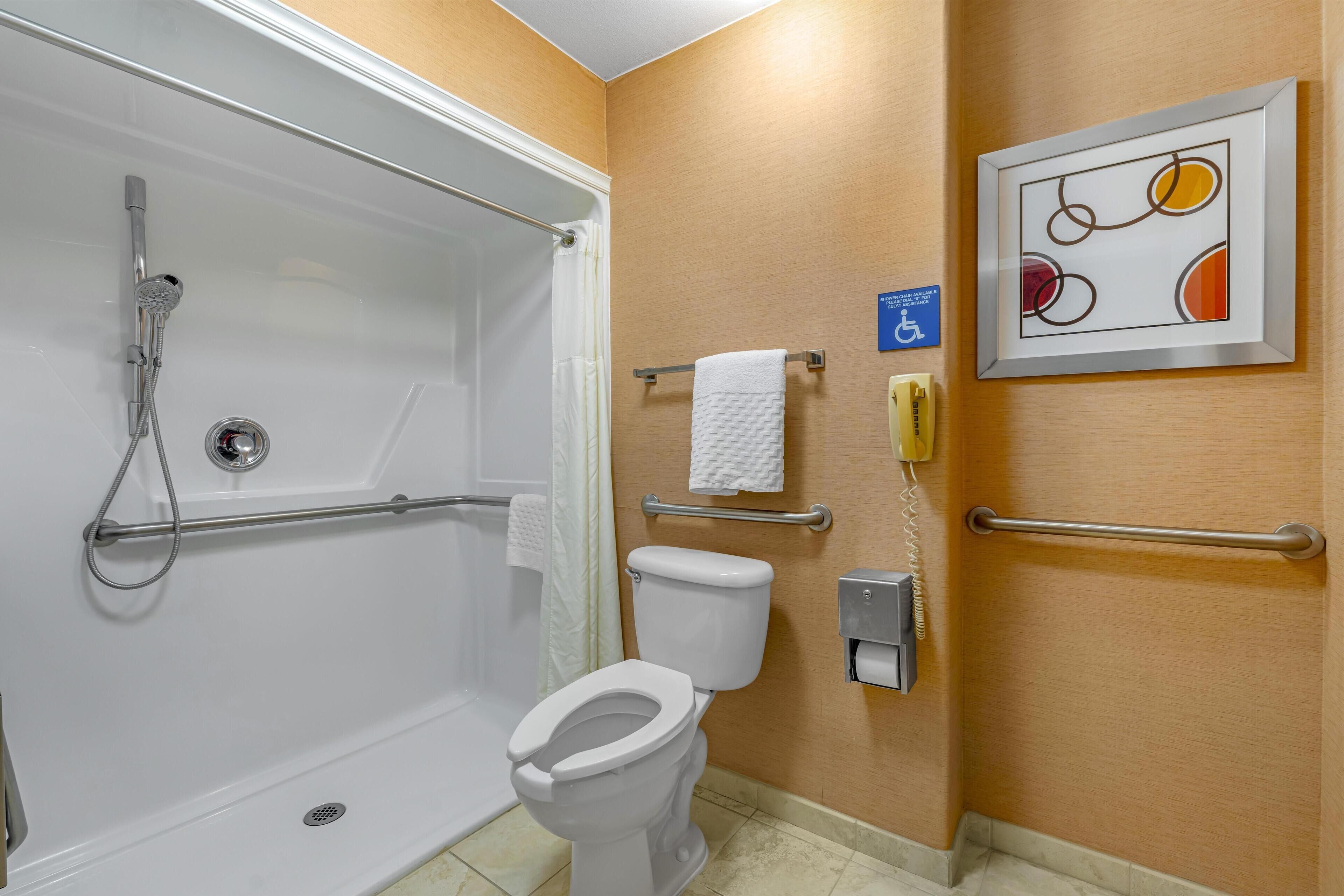 A bathroom with a shower, toilet, and handrails.
