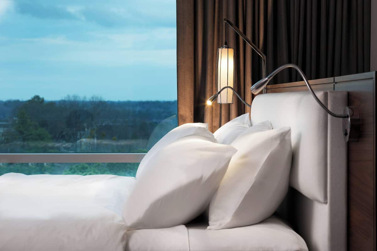 A bedroom with a bed, white bedding, a nightstand with a lamp, and a view of the outdoors through a window.