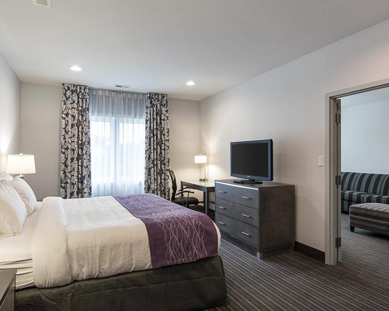 A hotel room with a bed, a desk, a television, and a sofa.