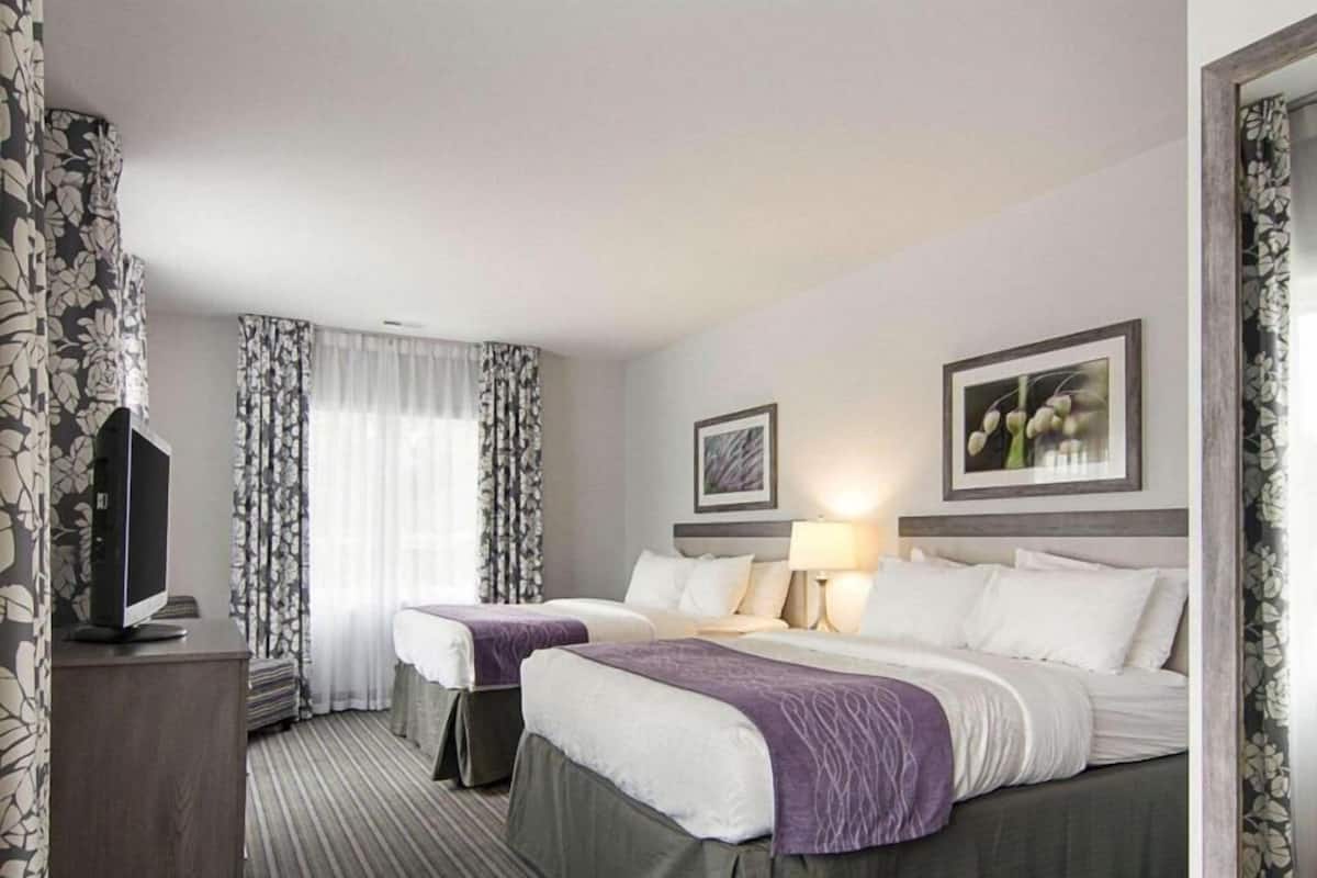 A hotel room with two beds, a television, and a desk.
